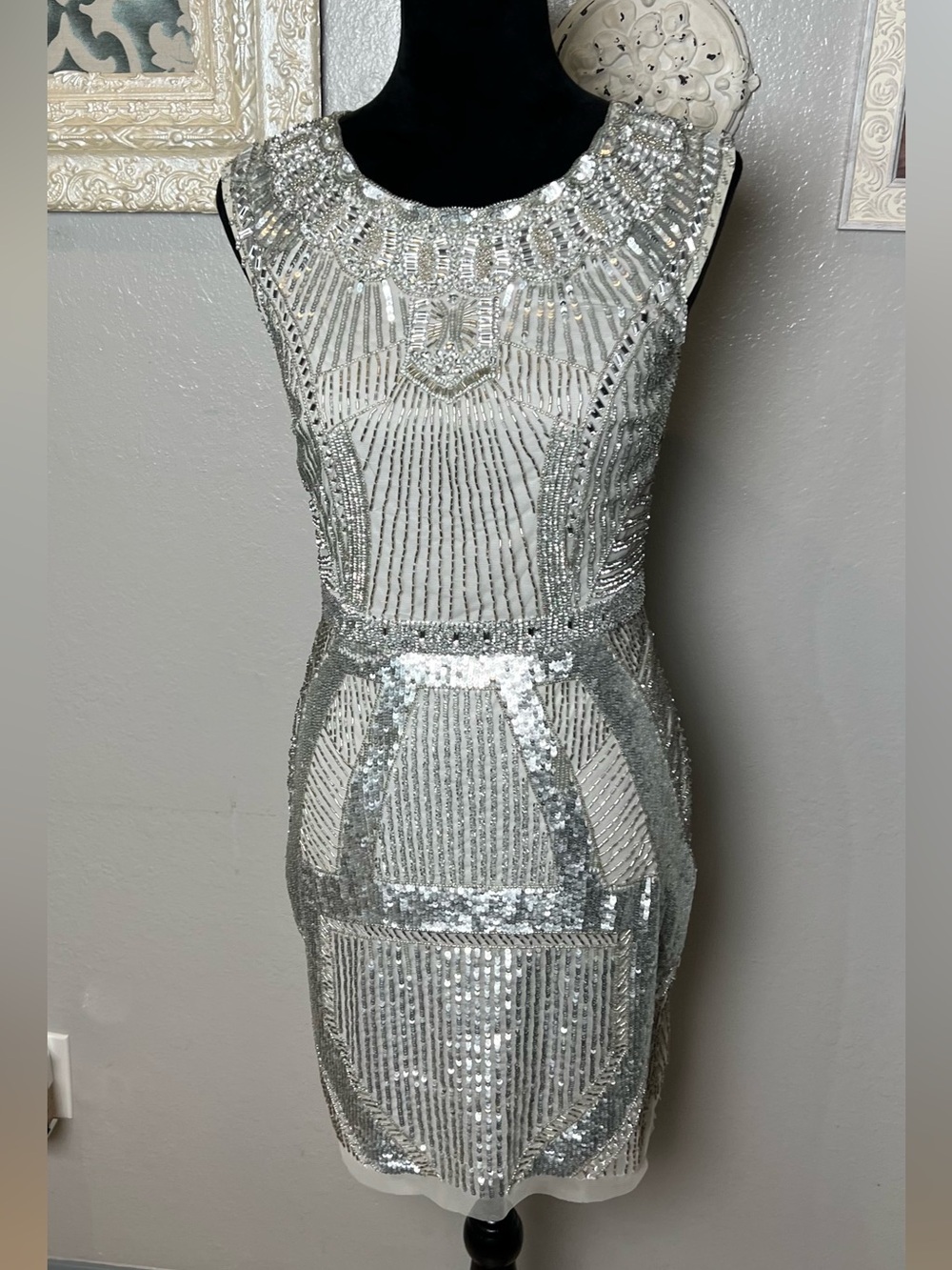 Aidan Mattox Silver Sequin Beaded  Dress